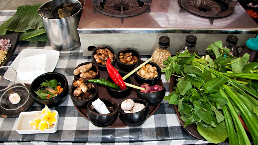 Cooking class, a table with different spices in bowls. Indonesia Bali food