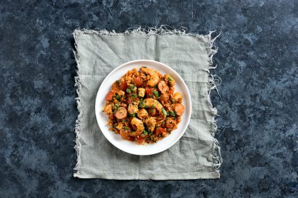 Creole jambalaya with chicken, smoked sausages and vegetables